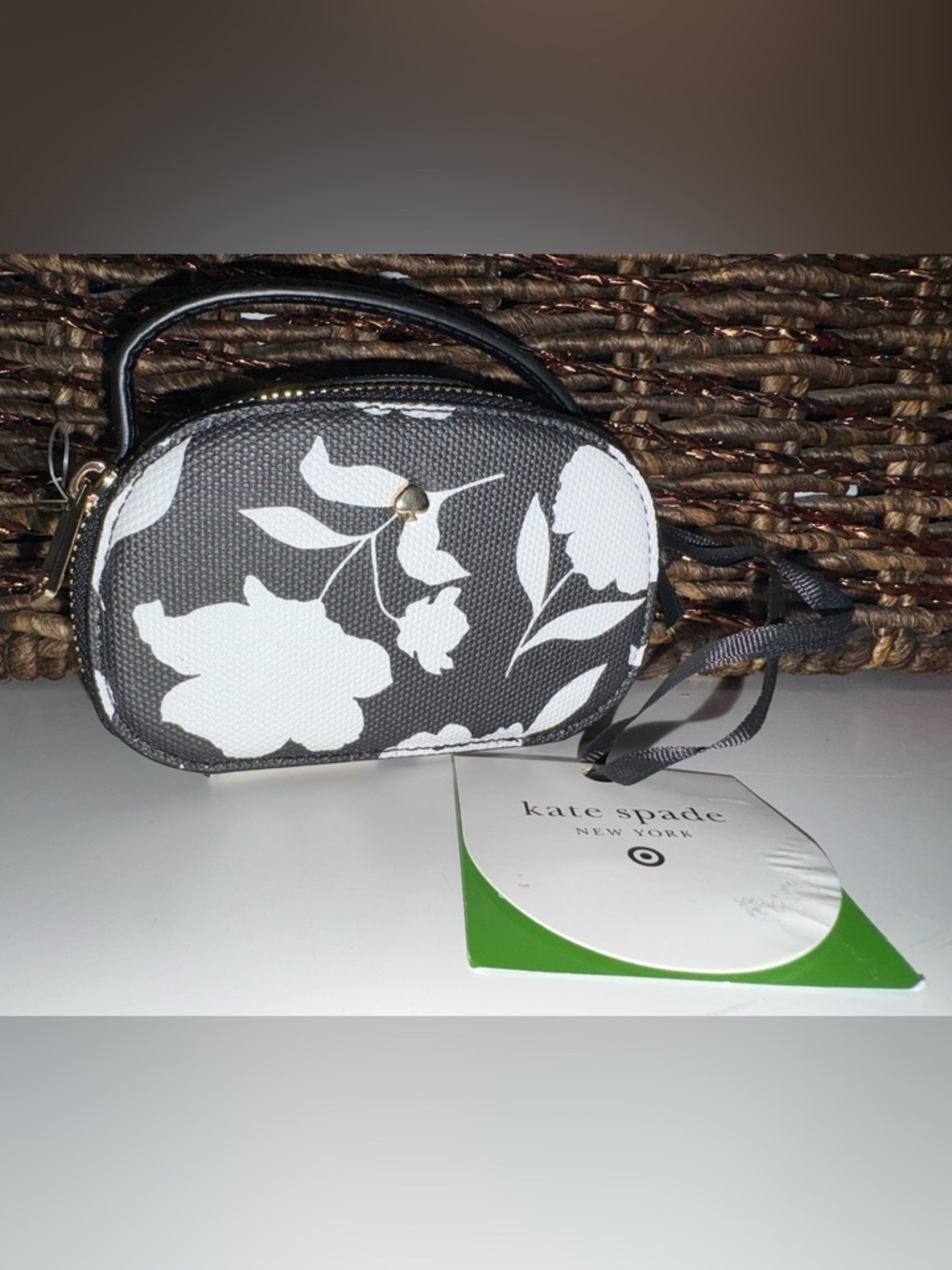 Kate Spade Black & White Floral Mini Zip Pouch / Coin Case NWT